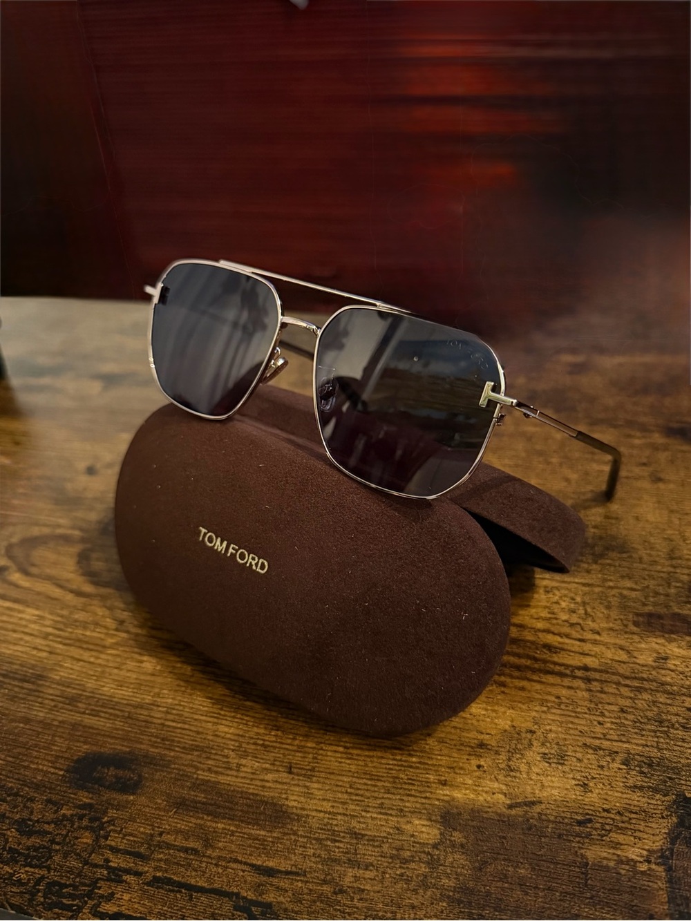 Tom Ford Gold Metal Aviator Sunglasses with Dark Lenses